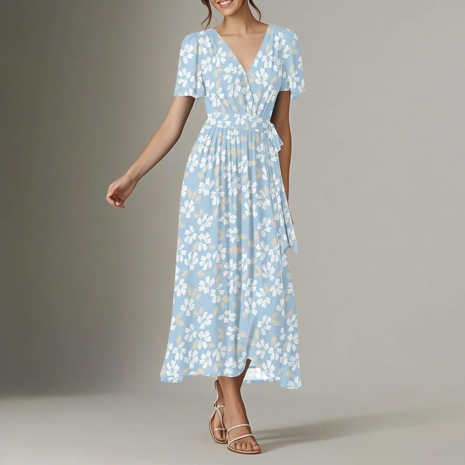 Floral Dress for Women,Flowy Wrap Chiffon Boho Beach Vacation Maxi Summer Dresses Short Sleeve Midi Sundresses