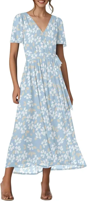 Floral Dress for Women,Flowy Wrap Chiffon Boho Beach Vacation Maxi Summer Dresses Short Sleeve Midi Sundresses