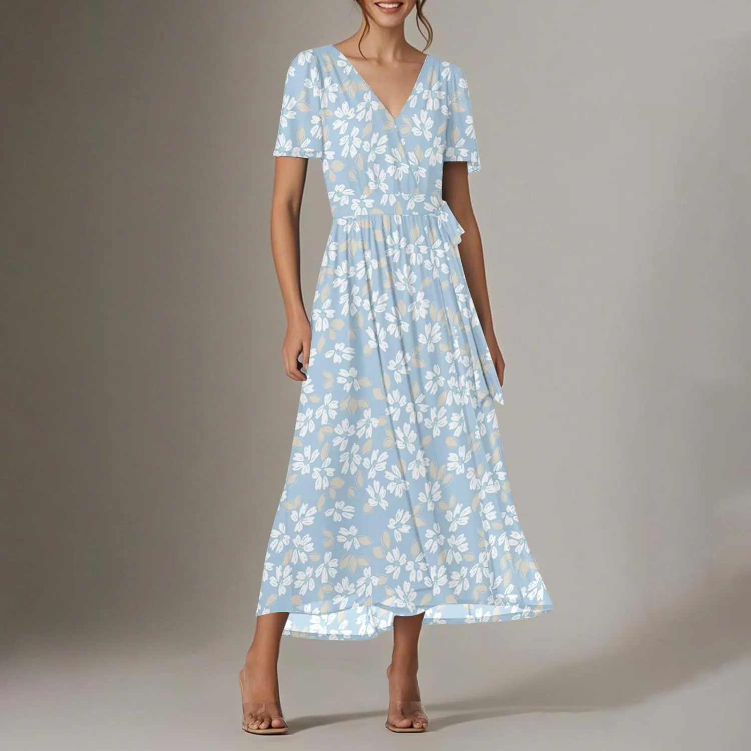 Floral Dress for Women,Flowy Wrap Chiffon Boho Beach Vacation Maxi Summer Dresses Short Sleeve Midi Sundresses