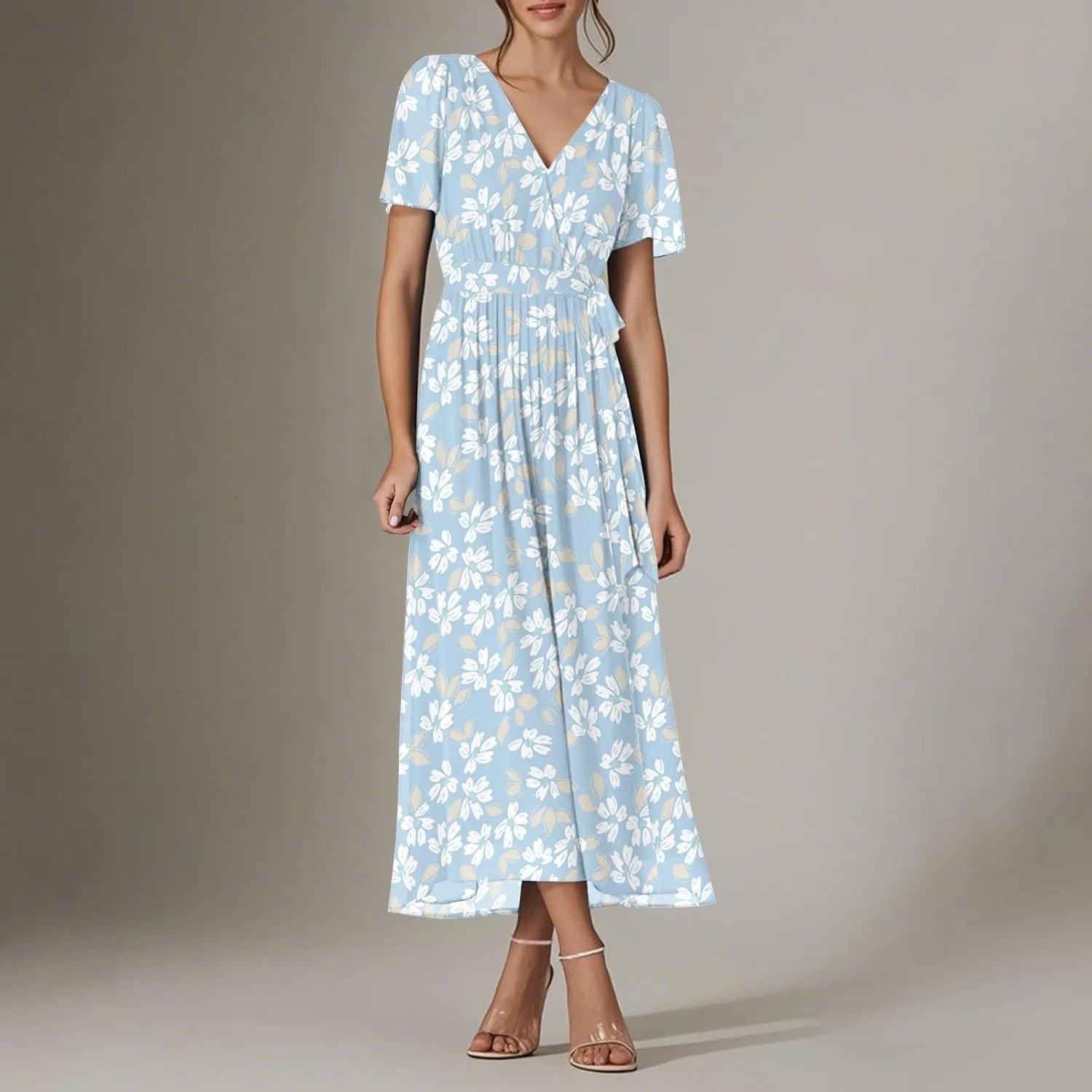 Floral Dress for Women,Flowy Wrap Chiffon Boho Beach Vacation Maxi Summer Dresses Short Sleeve Midi Sundresses