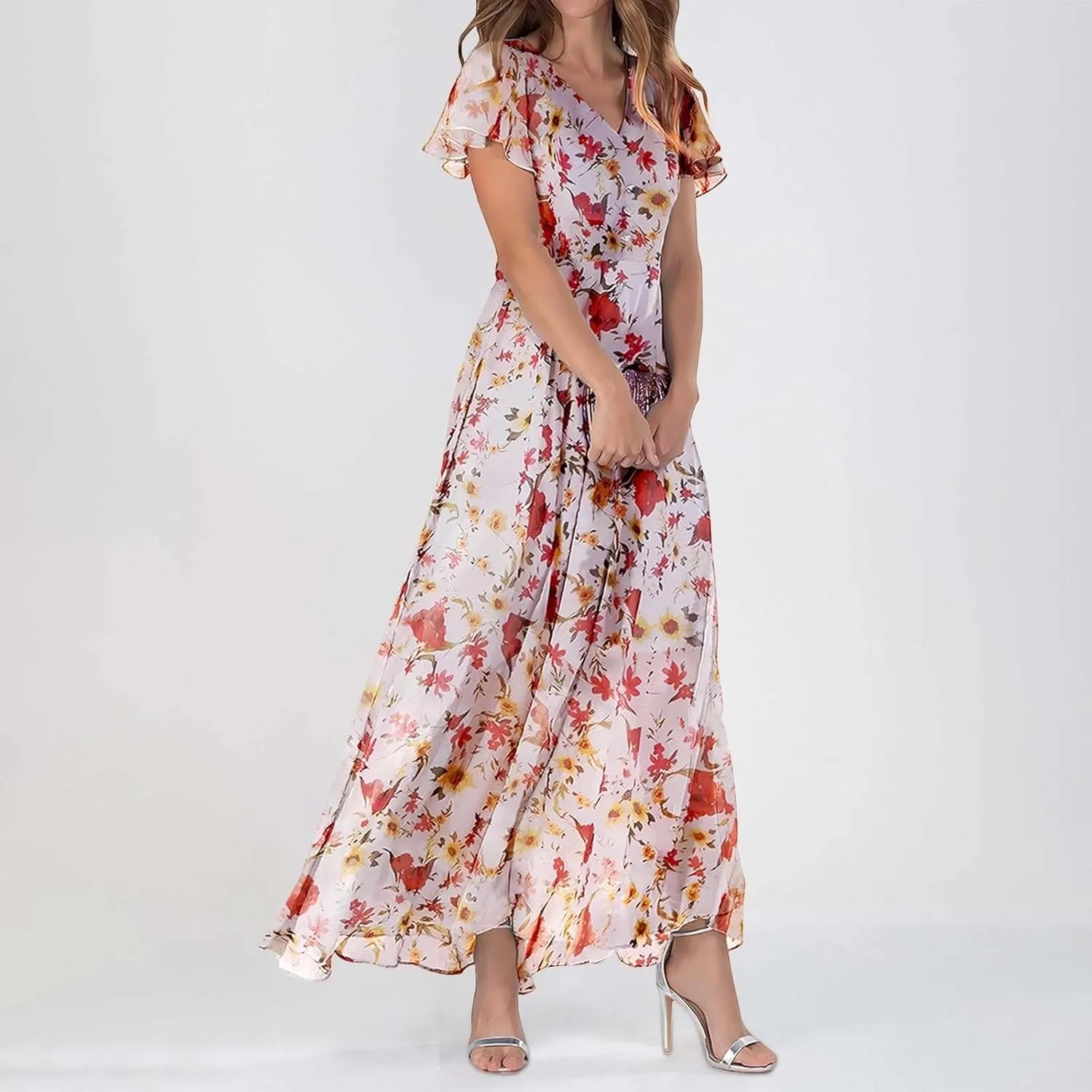 Floral Maxi Dresses for Women 2025 Summer Elegant Ruffle Sleeve Flowy Chiffon Dress V Neck Vacation Beach Sundresses