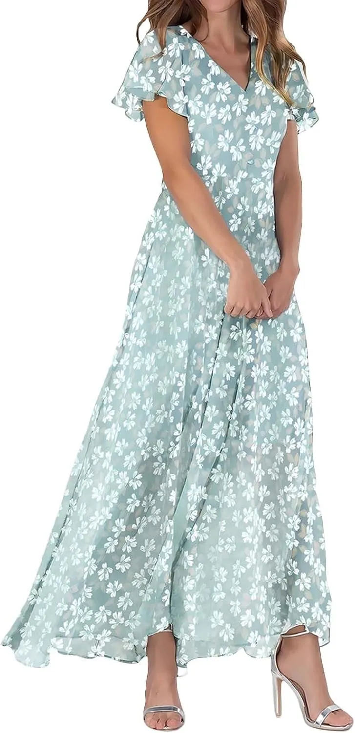 Floral Maxi Dresses for Women 2025 Summer Elegant Ruffle Sleeve Flowy Chiffon Dress V Neck Vacation Beach Sundresses