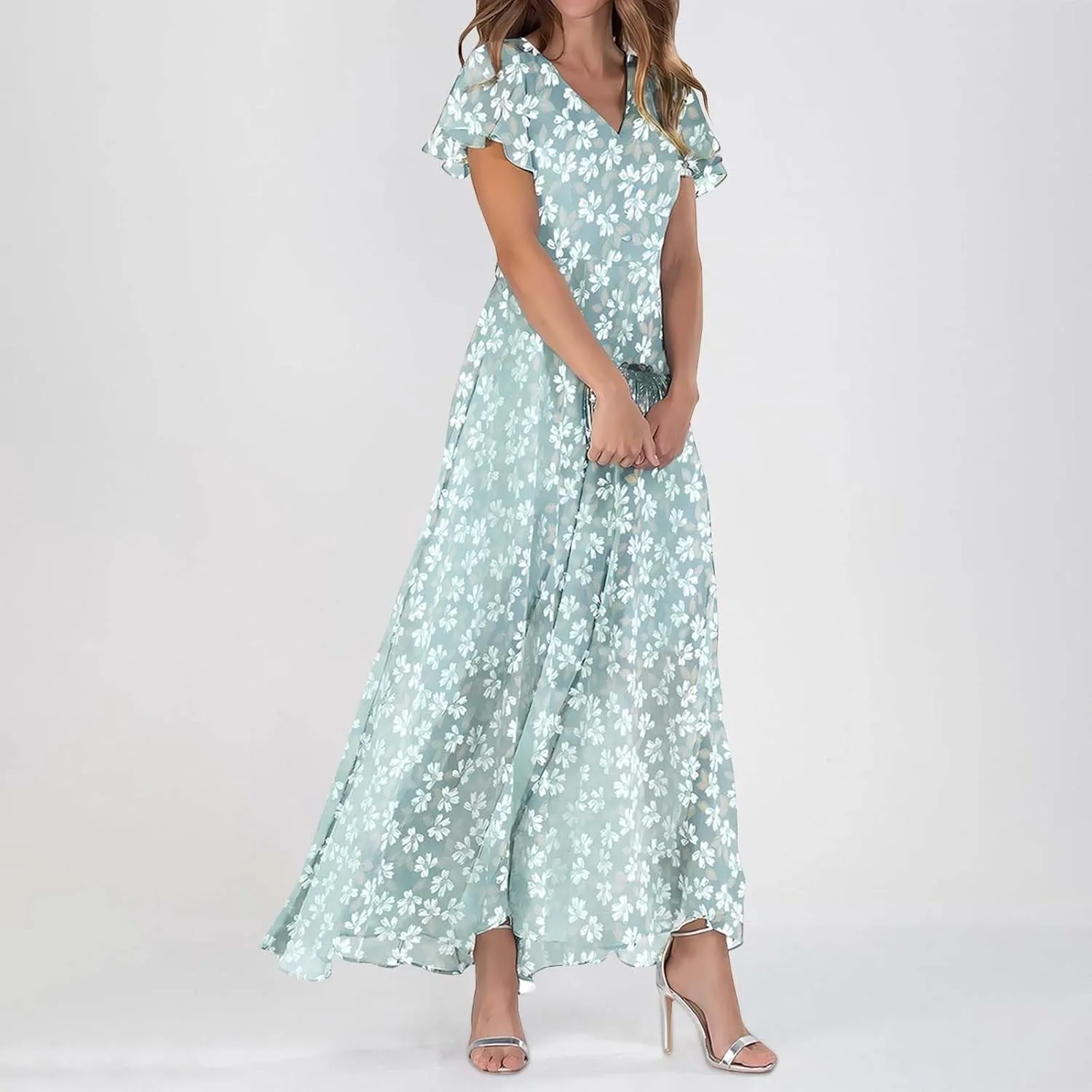 Floral Maxi Dresses for Women 2025 Summer Elegant Ruffle Sleeve Flowy Chiffon Dress V Neck Vacation Beach Sundresses