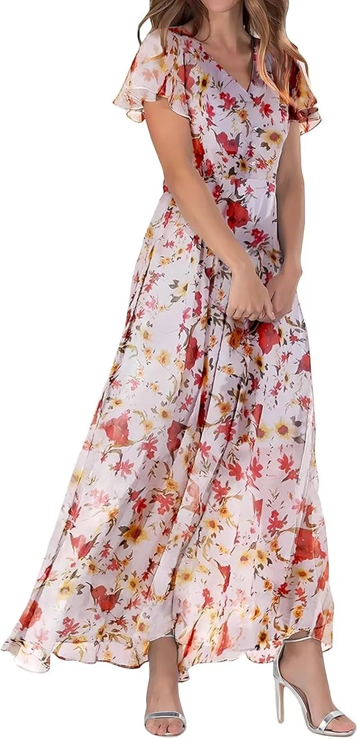 Floral Maxi Dresses for Women 2025 Summer Elegant Ruffle Sleeve Flowy Chiffon Dress V Neck Vacation Beach Sundresses