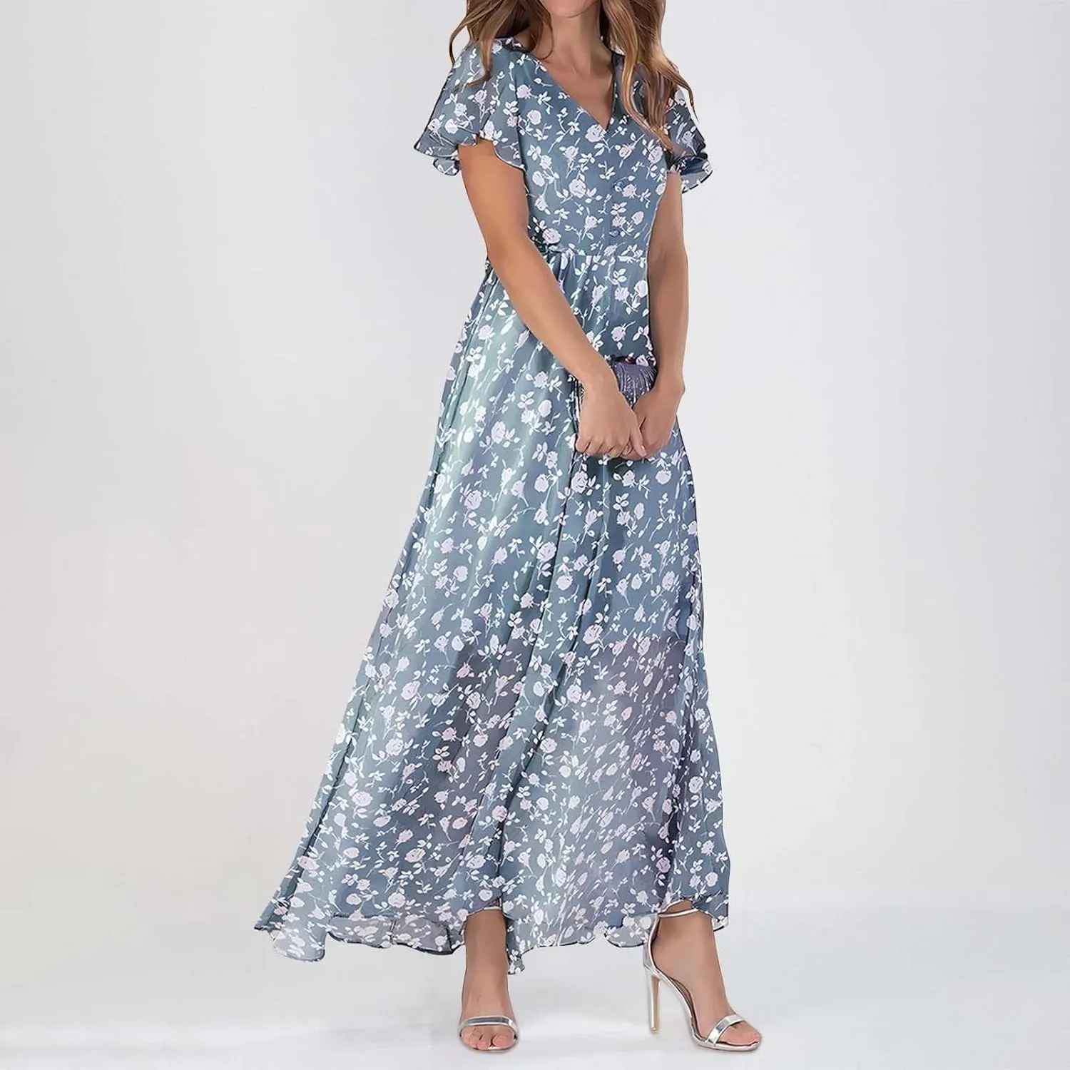 Floral Maxi Dresses for Women 2025 Summer Elegant Ruffle Sleeve Flowy Chiffon Dress V Neck Vacation Beach Sundresses