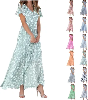 Floral Maxi Dresses for Women 2025 Summer Elegant Ruffle Sleeve Flowy Chiffon Dress V Neck Vacation Beach Sundresses