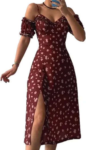 Floral Midi Corset Dress Boho Flowy Slit Lace Up Summer Dresses for Women Spaghetti Strap Dress Going Out Sundress