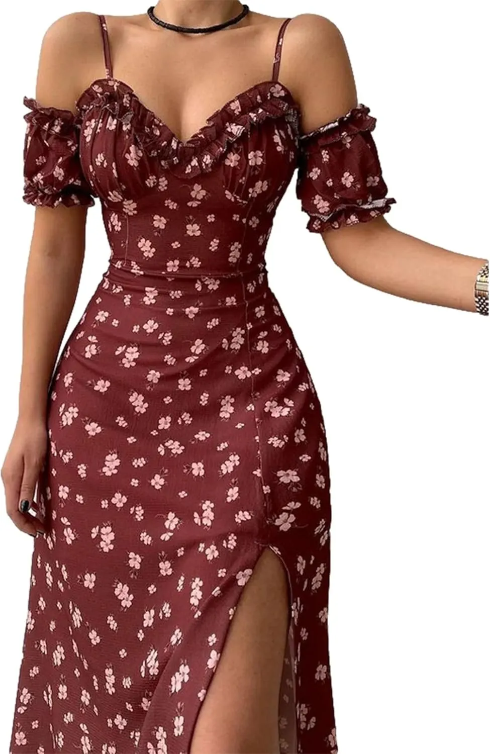 Floral Midi Corset Dress Boho Flowy Slit Lace Up Summer Dresses for Women Spaghetti Strap Dress Going Out Sundress