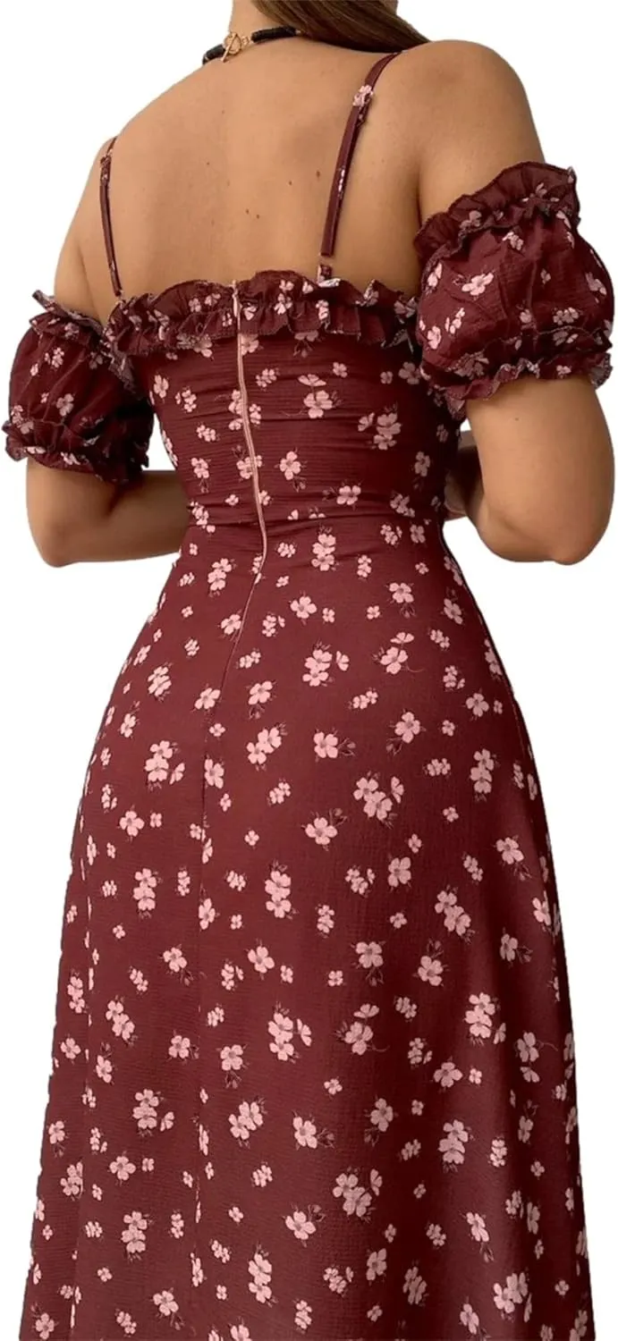 Floral Midi Corset Dress Boho Flowy Slit Lace Up Summer Dresses for Women Spaghetti Strap Dress Going Out Sundress