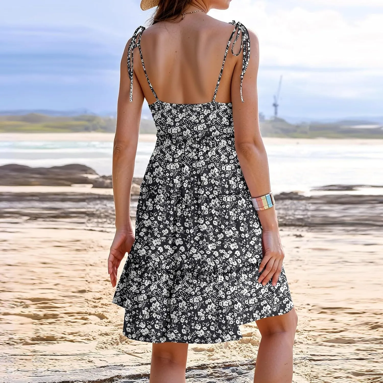 Floral Sundresses for Women 2025 Summer Flowy Cami Boho Dress Spaghetti Strap Open Back Vacation Beach Dress