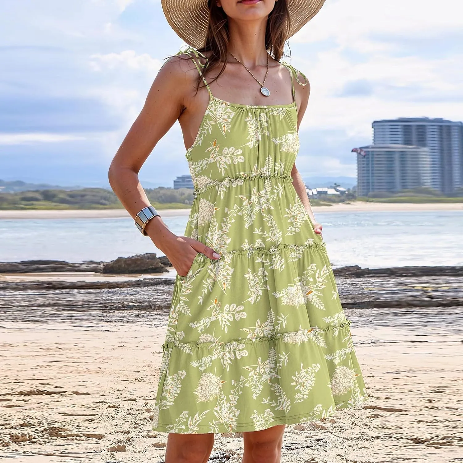 Floral Sundresses for Women 2025 Summer Flowy Cami Boho Dress Spaghetti Strap Open Back Vacation Beach Dress