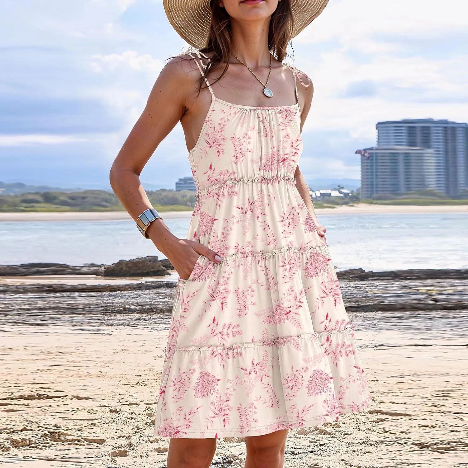 Floral Sundresses for Women 2025 Summer Flowy Cami Boho Dress Spaghetti Strap Open Back Vacation Beach Dress