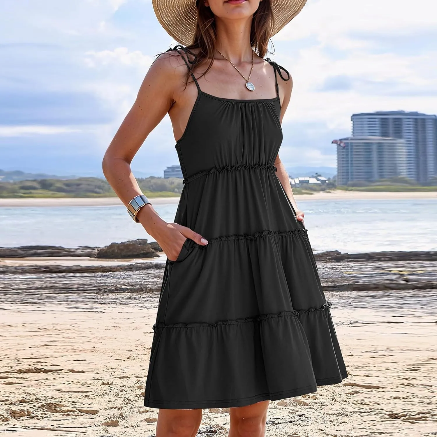Floral Sundresses for Women 2025 Summer Flowy Cami Boho Dress Spaghetti Strap Open Back Vacation Beach Dress