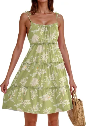Floral Sundresses for Women 2025 Summer Flowy Cami Boho Dress Spaghetti Strap Open Back Vacation Beach Dress
