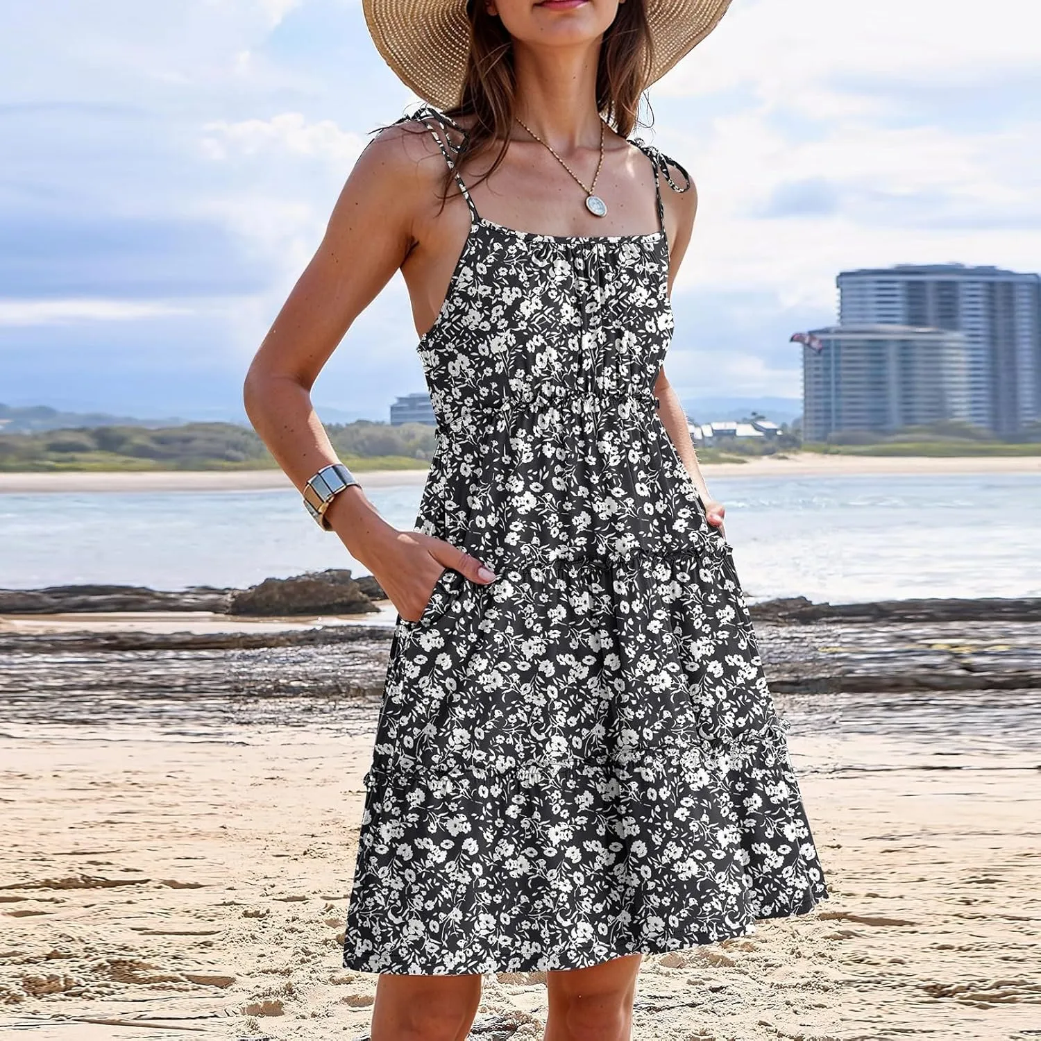 Floral Sundresses for Women 2025 Summer Flowy Cami Boho Dress Spaghetti Strap Open Back Vacation Beach Dress