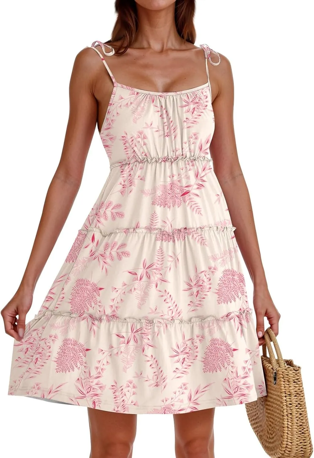 Floral Sundresses for Women 2025 Summer Flowy Cami Boho Dress Spaghetti Strap Open Back Vacation Beach Dress