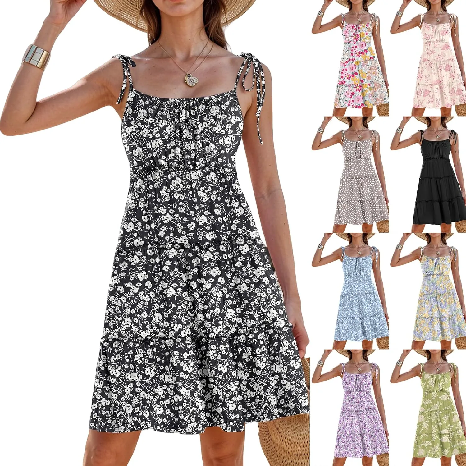 Floral Sundresses for Women 2025 Summer Flowy Cami Boho Dress Spaghetti Strap Open Back Vacation Beach Dress