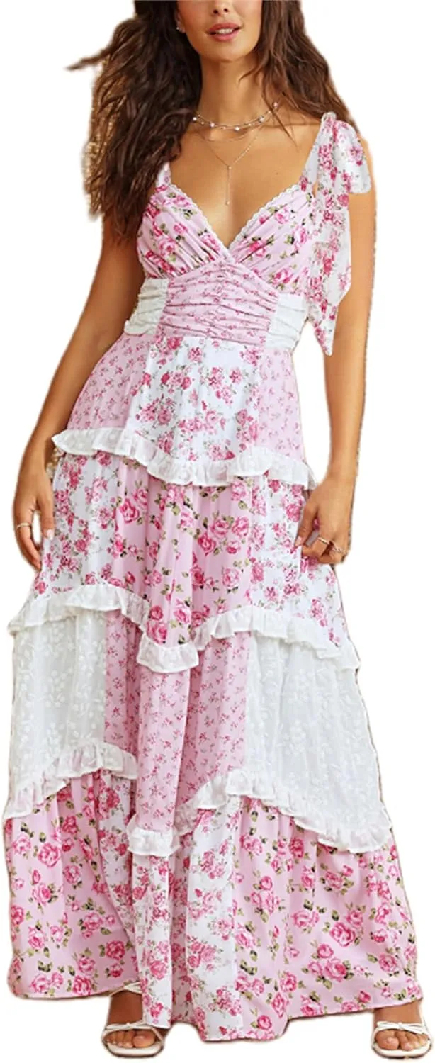 Floral Tie Shoulder Boho Maxi Dress for Women Y2k Spaghetti Strap Smocked Flowy Long Dress Summer Beach Sundress