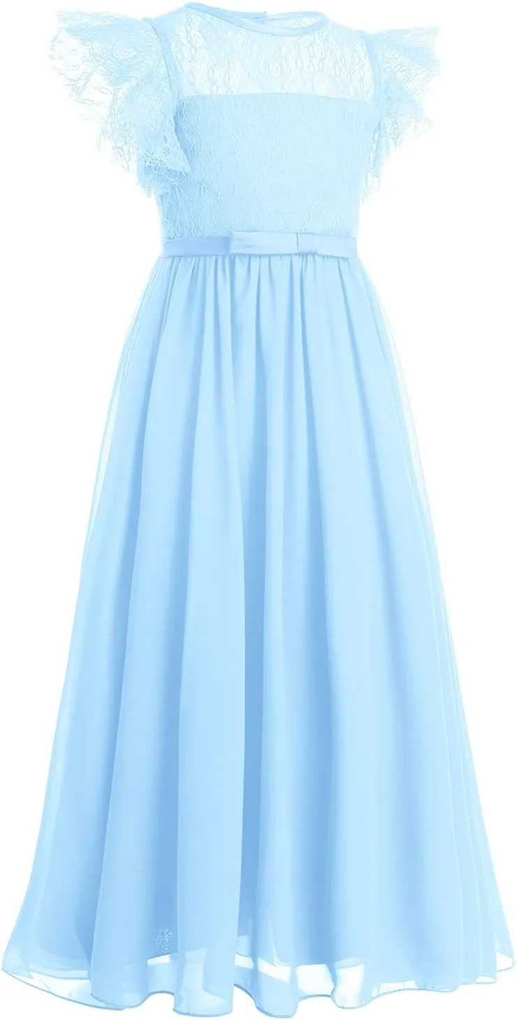 Flower Girl Chiffon A-line Dresses Wedding Junior Bridesmaid Party Princess Pageant Communion Maxi Gowns with Belt