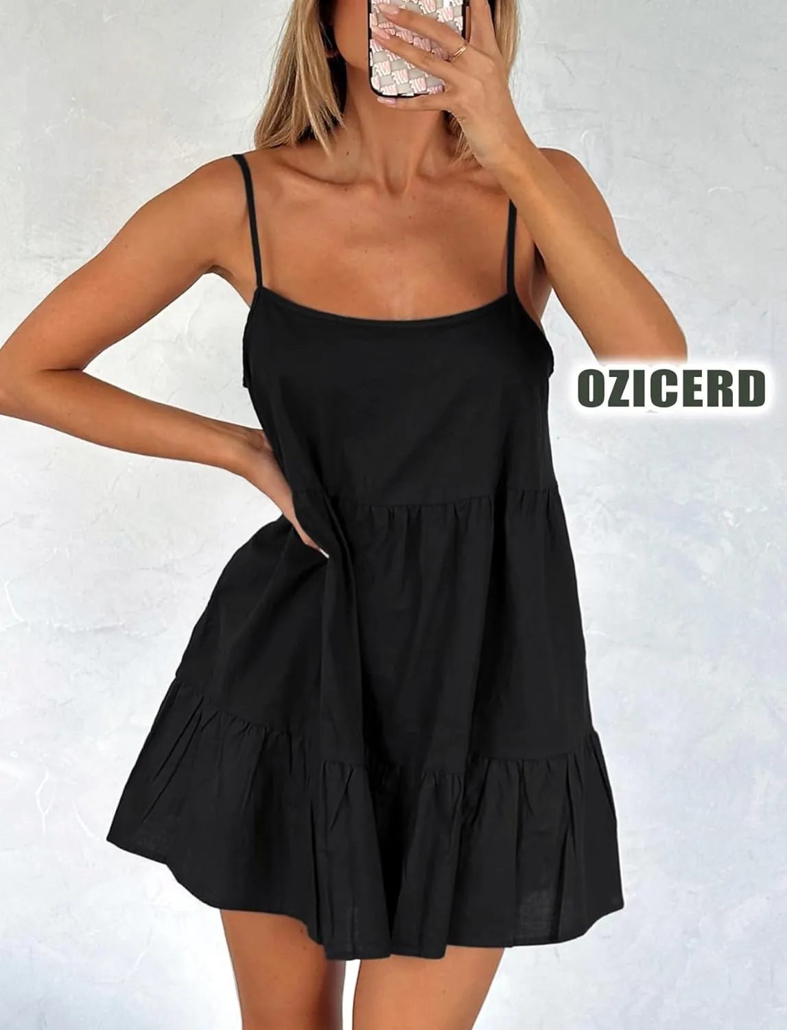 Flowy Short Sundress Mini Babydoll Dresses for Women Going Out Tiered Ruffle Beach Spaghetti Strap Swing Dress Cute
