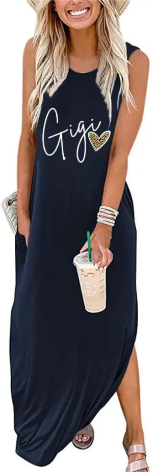 FORHVIPS Summer Dress for Women Leopard Heart Gigi Graphic Casual Dresses Sleeveless Split Maxi Long Sundress