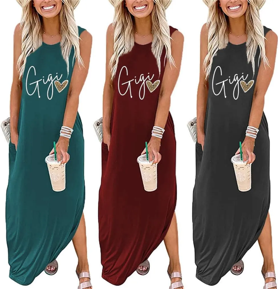 FORHVIPS Summer Dress for Women Leopard Heart Gigi Graphic Casual Dresses Sleeveless Split Maxi Long Sundress