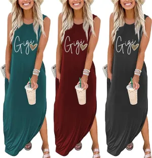FORHVIPS Summer Dress for Women Leopard Heart Gigi Graphic Casual Dresses Sleeveless Split Maxi Long Sundress