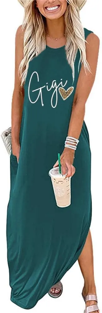 FORHVIPS Summer Dress for Women Leopard Heart Gigi Graphic Casual Dresses Sleeveless Split Maxi Long Sundress