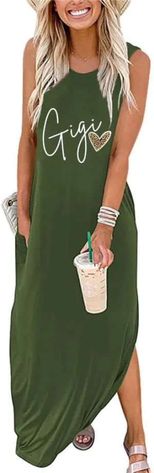 FORHVIPS Summer Dress for Women Leopard Heart Gigi Graphic Casual Dresses Sleeveless Split Maxi Long Sundress