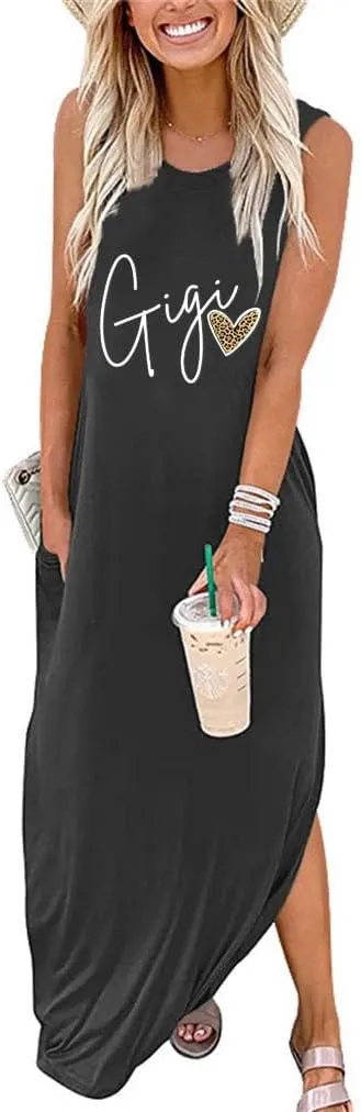 FORHVIPS Summer Dress for Women Leopard Heart Gigi Graphic Casual Dresses Sleeveless Split Maxi Long Sundress