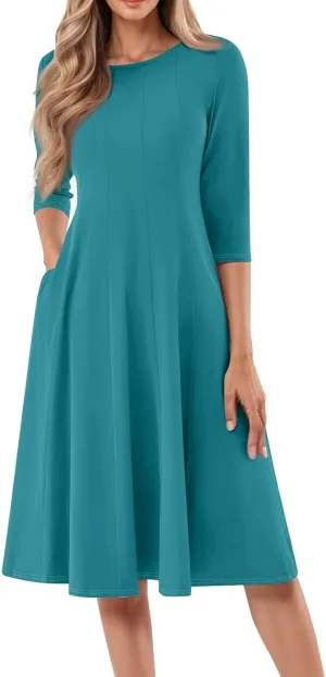 Formal Dresses for Women 2025 Winter Summer Spring Midi 3/4 Sleeve Casual Pleated A Line Dresses