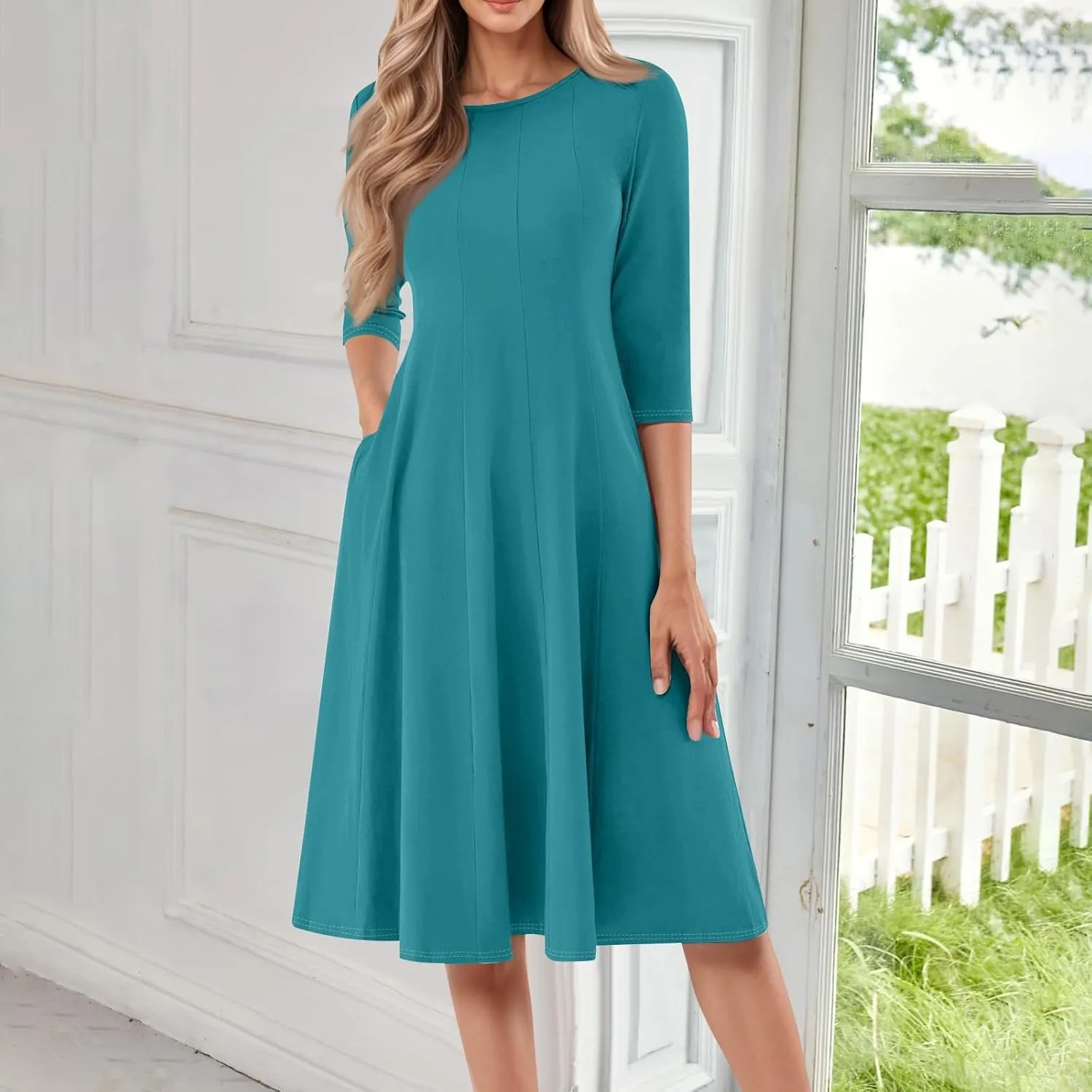 Formal Dresses for Women 2025 Winter Summer Spring Midi 3/4 Sleeve Casual Pleated A Line Dresses