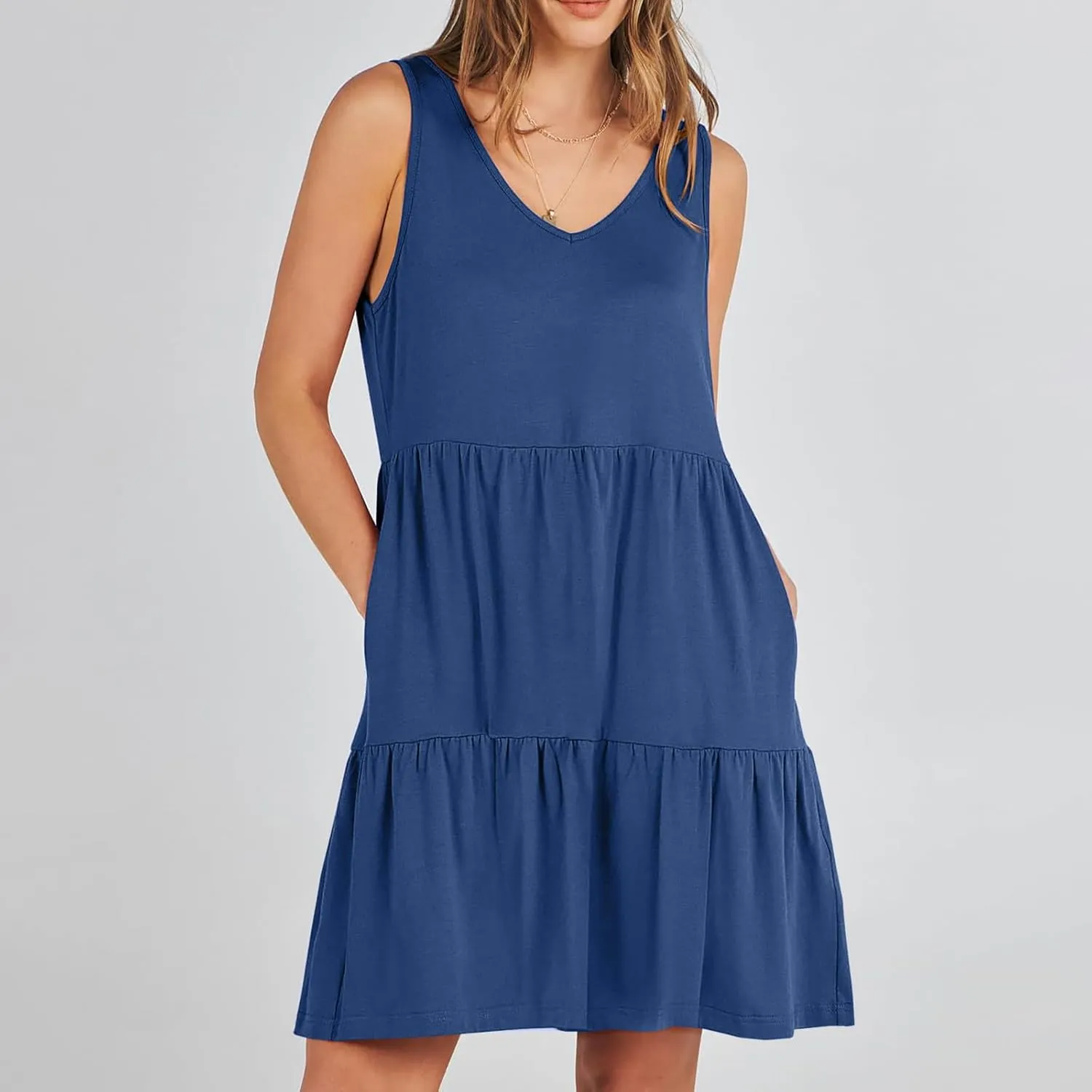 FZYLQY Sleeveless Tiered Babydoll Dress for Women V Neck Ruffle Loose Fit Casual Summer Mini Dress with Side Pockets Cute