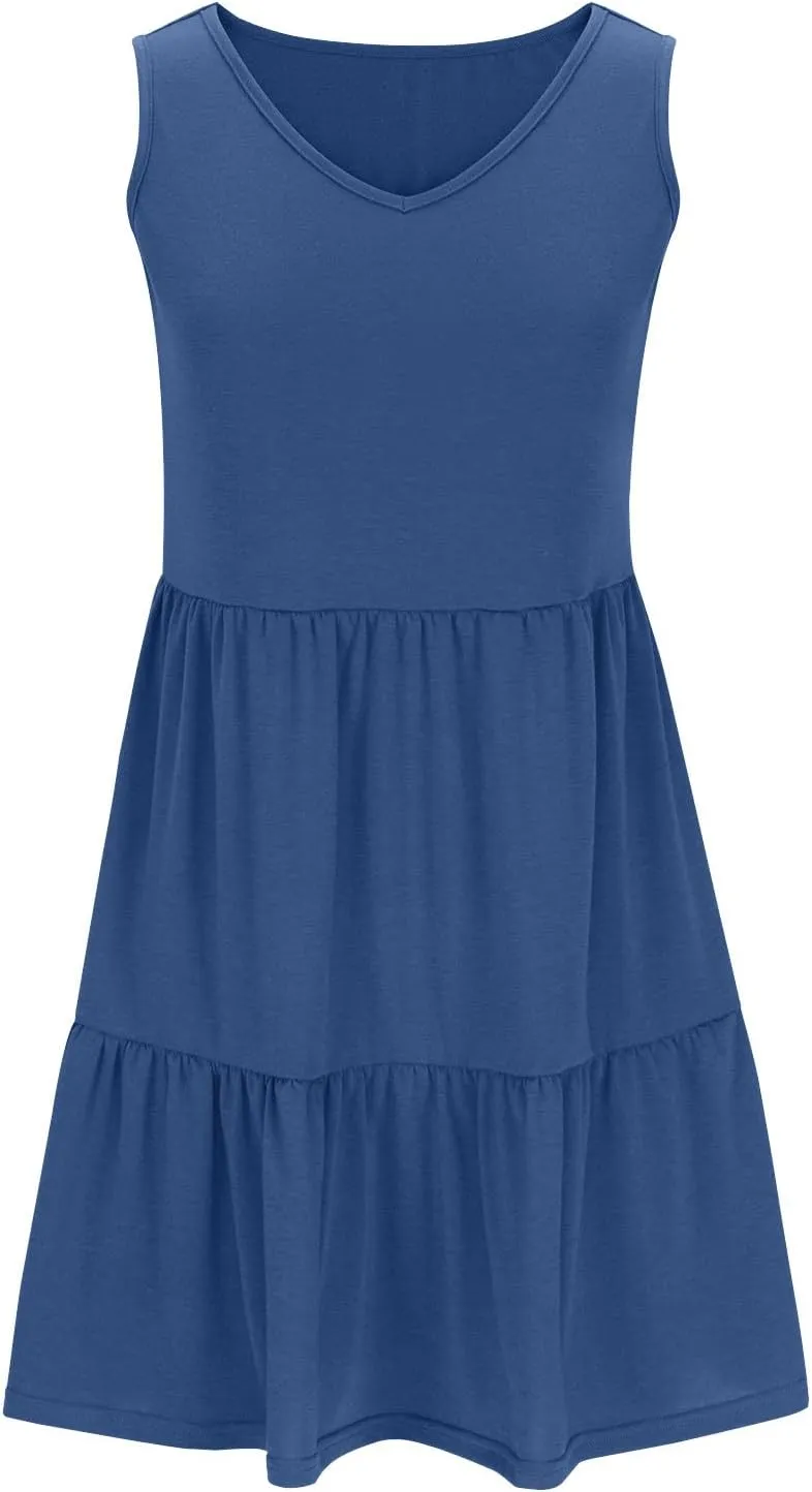 FZYLQY Sleeveless Tiered Babydoll Dress for Women V Neck Ruffle Loose Fit Casual Summer Mini Dress with Side Pockets Cute