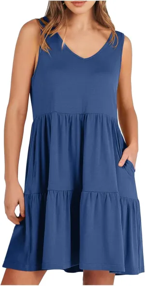 FZYLQY Sleeveless Tiered Babydoll Dress for Women V Neck Ruffle Loose Fit Casual Summer Mini Dress with Side Pockets Cute
