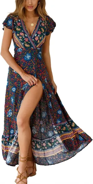 Geleglaer Vintage Boho Maxi Dresses for Women 2024 Summer Elegant Ladies Beach Dress Vacation Ethnic Floral Sundress Tropical
