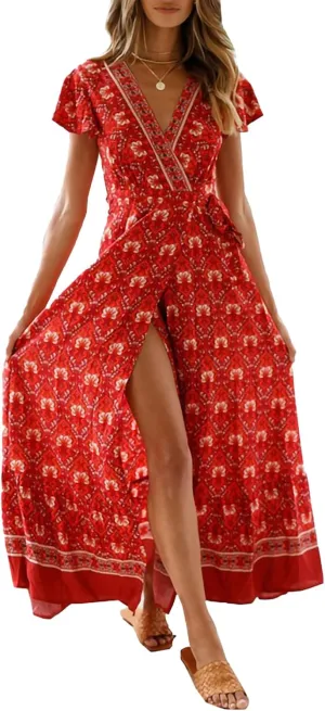 Geleglaer Vintage Boho Maxi Dresses for Women 2024 Summer Elegant Ladies Beach Dress Vacation Ethnic Floral Sundress Tropical