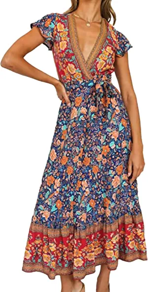 Geleglaer Vintage Boho Maxi Dresses for Women 2024 Summer Elegant Ladies Beach Dress Vacation Ethnic Floral Sundress Tropical