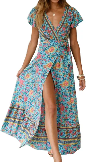Geleglaer Vintage Boho Maxi Dresses for Women 2024 Summer Elegant Ladies Beach Dress Vacation Ethnic Floral Sundress Tropical
