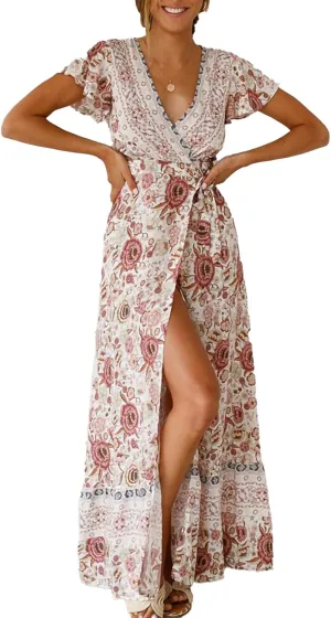 Geleglaer Vintage Boho Maxi Dresses for Women 2024 Summer Elegant Ladies Beach Dress Vacation Ethnic Floral Sundress Tropical