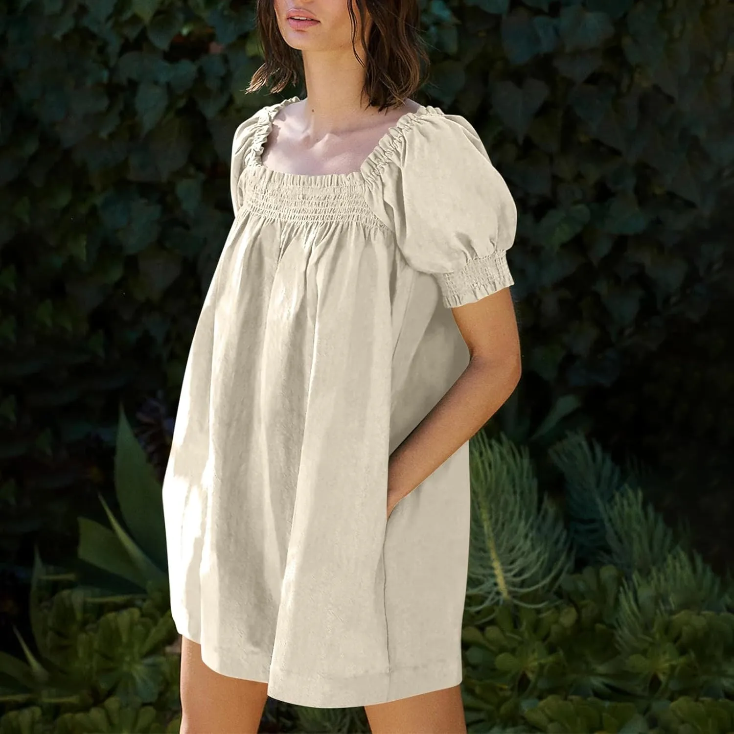 Generic Linen Dresses for Women 2024 Summer Mini Dress Short Sleeve A-Line Sundress Casual Loose Beach Dress with Pockets