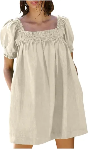 Generic Linen Dresses for Women 2024 Summer Mini Dress Short Sleeve A-Line Sundress Casual Loose Beach Dress with Pockets