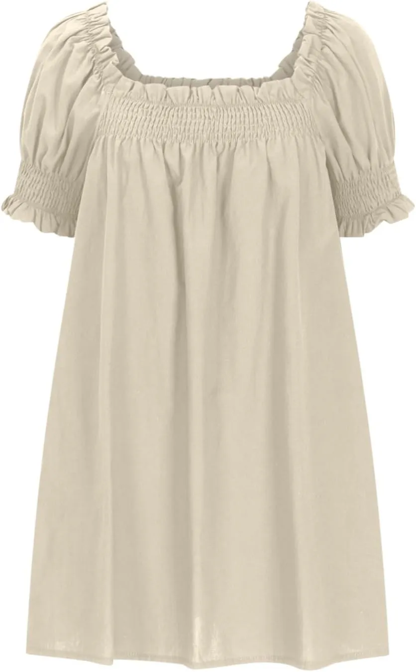 Generic Linen Dresses for Women 2024 Summer Mini Dress Short Sleeve A-Line Sundress Casual Loose Beach Dress with Pockets