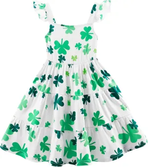Girls Summer Dress Floral Ruffle Sleeve Sundress Tiered Swing Midi Beach Dress Casual A-line Dresses 18M-7T