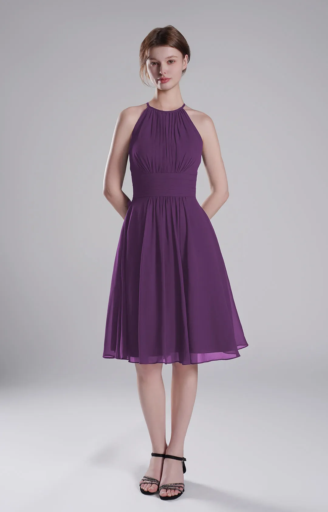 Halter Neck Pleated Bodice Flared Dresses