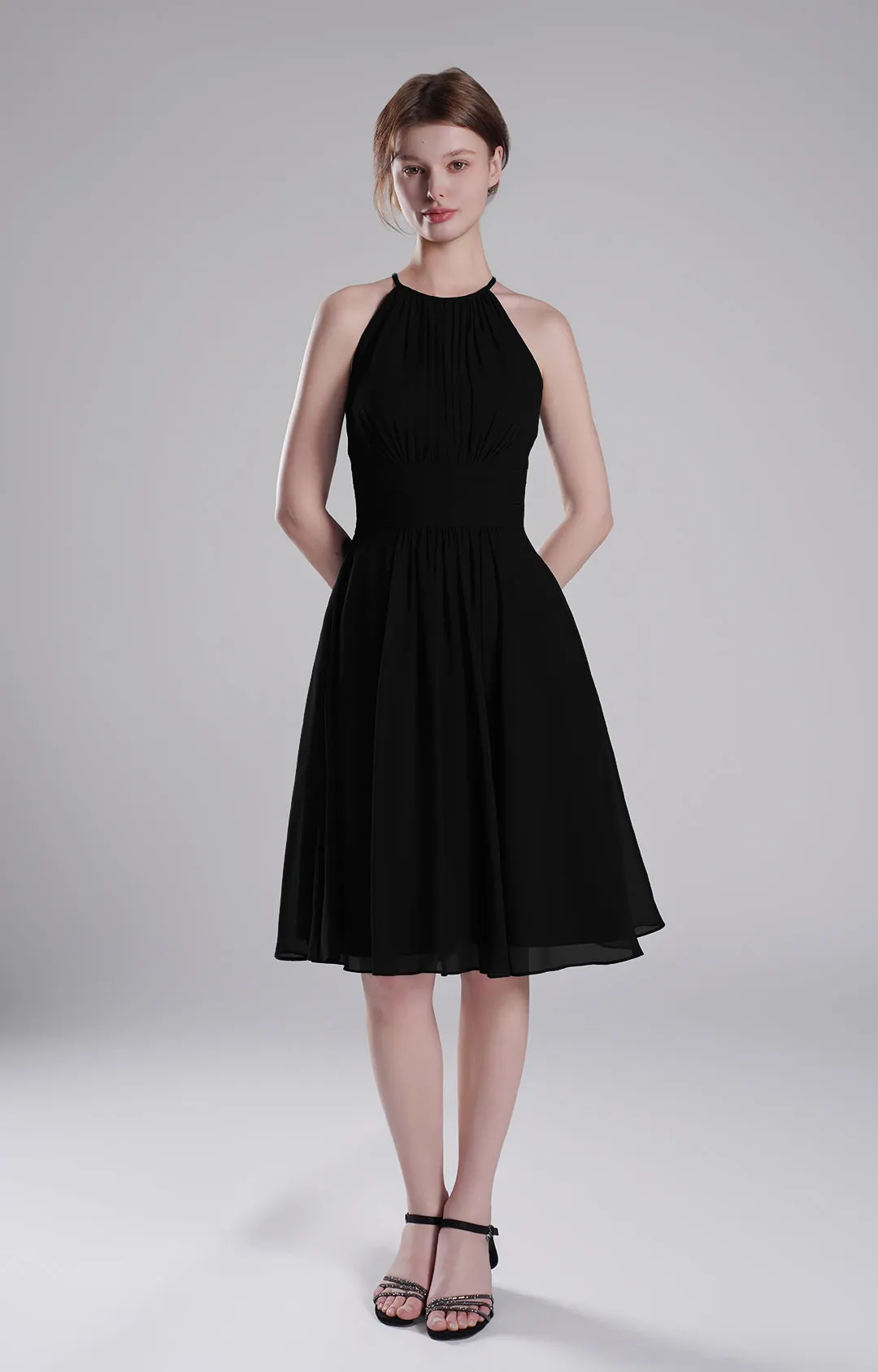 Halter Neck Pleated Bodice Flared Dresses