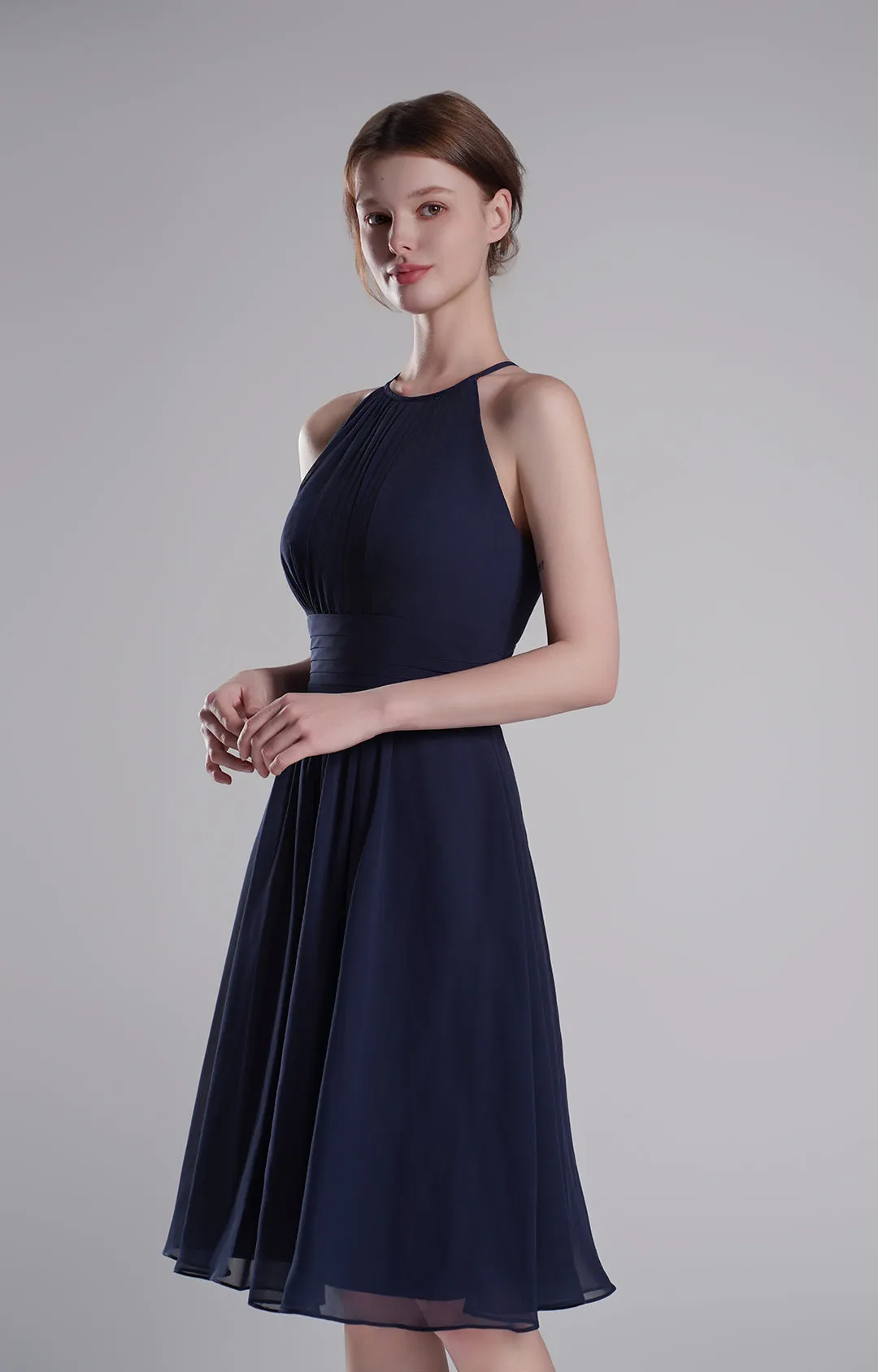 Halter Neck Pleated Bodice Flared Dresses