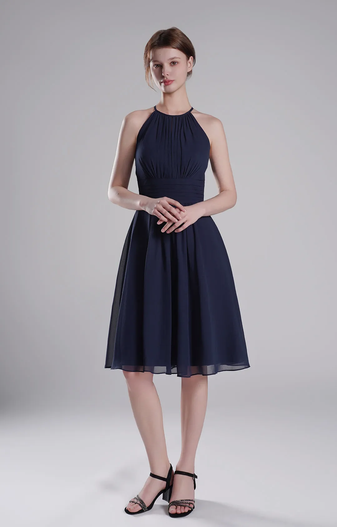Halter Neck Pleated Bodice Flared Dresses
