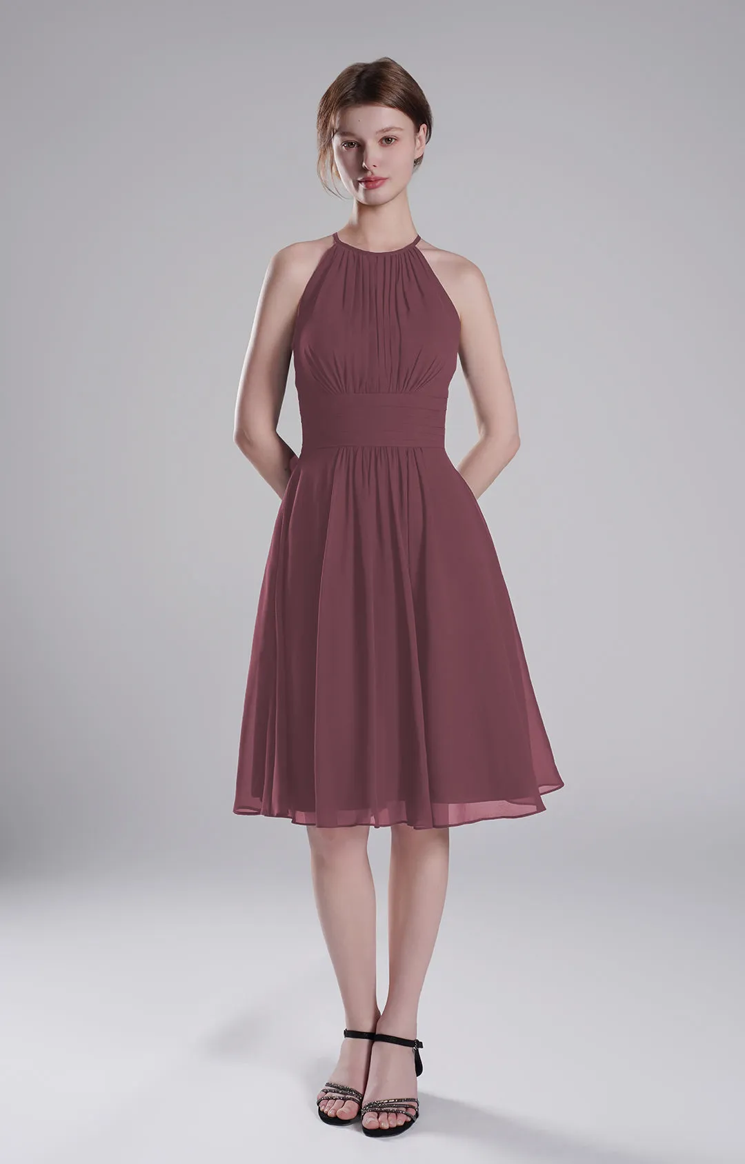 Halter Neck Pleated Bodice Flared Dresses