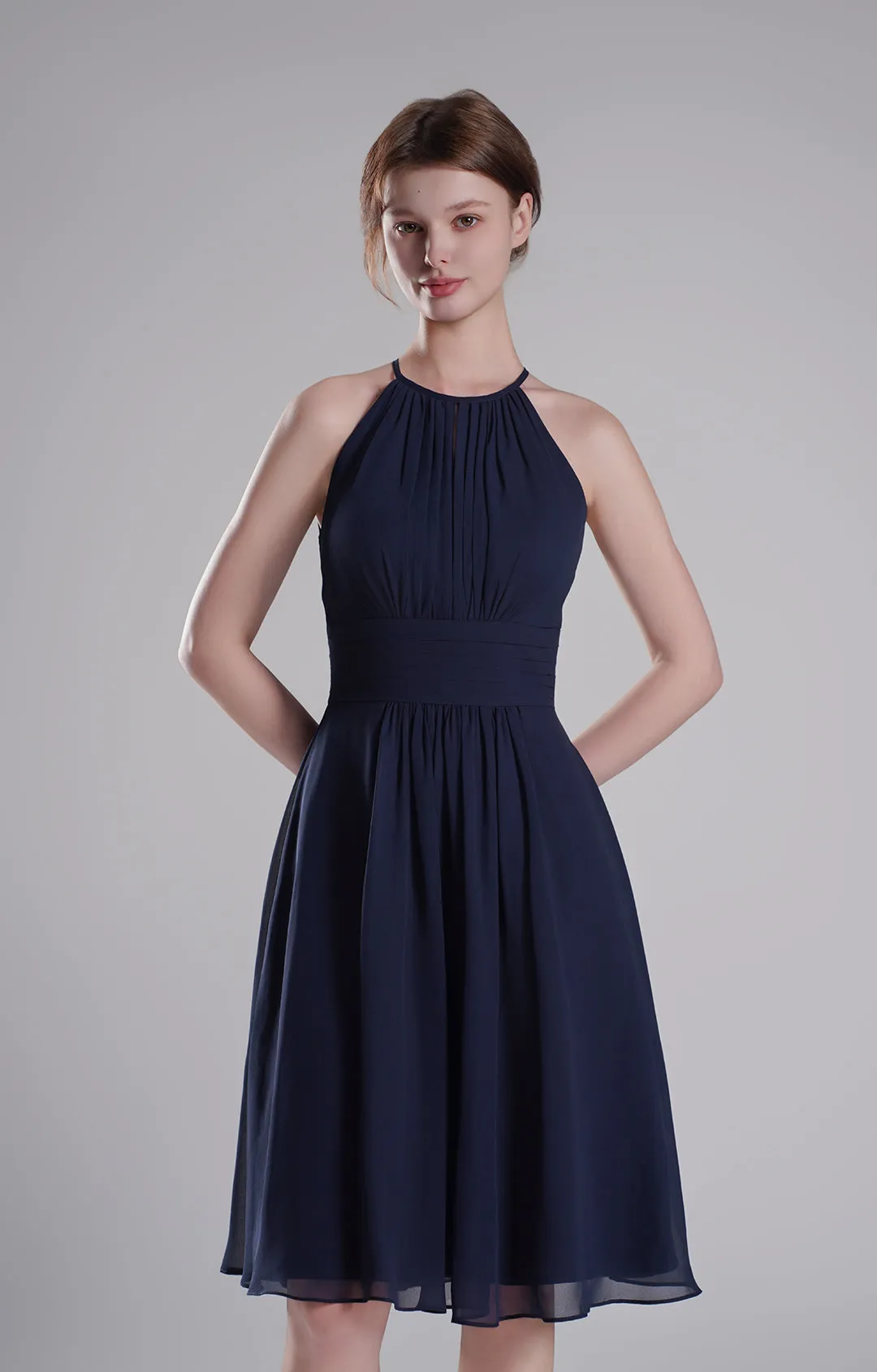Halter Neck Pleated Bodice Flared Dresses